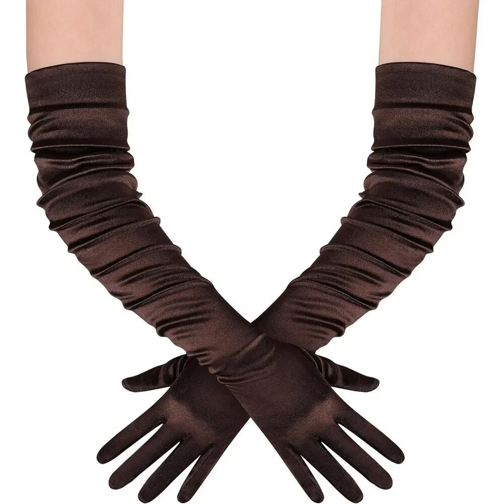 Women's Long Satin Gloves Dark Brown Stretchy Upper Arm Length Costume Design
